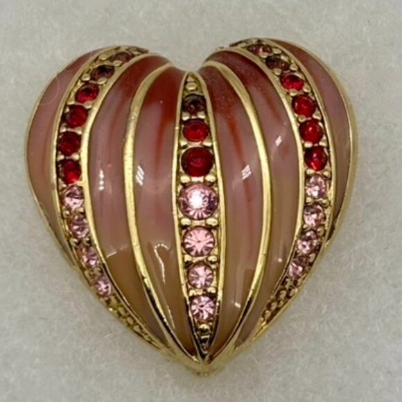 Monet Jewelry - Vintage Monet Heart Shaped Pin Brooch Pin, Enamel With Pink and Ruby Rhinestones